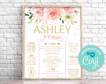 Editable Floral Blush Milestone Birthday Poster, Blush and Gold First Birthday Milestone Sign, Pink and Gold 1st Birthday Poster, 0104