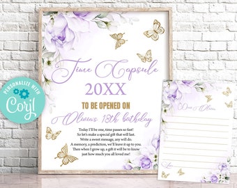 Panneau « Capsule temporelle d'anniversaire papillon », motif floral violet (modifiable, téléchargement numérique)