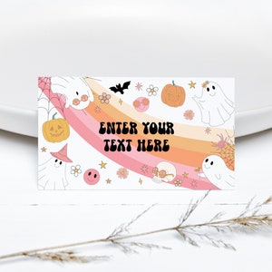 MODIFICABILE Spettrale Halloween Fantasma Compleanno Cibo Carte Retro Groovy Fantasma Cibo Etichetta Hippie Halloween Party Tenda Carta Groovy Halloween 0178