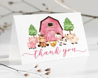 Editable Farm Thank You Folded Card Pink Farm Baby Shower Thank You Farm Animals Thank You Card Girl Barnyard Shower Thank You Card 0106