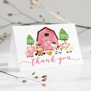 Editable Granja Gracias Tarjeta doblada Granja rosa Baby Shower Gracias Animales de granja Tarjeta de agradecimiento Chica Barnyard Ducha Tarjeta de agradecimiento 0106