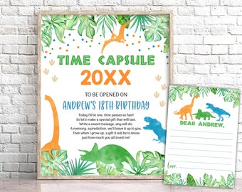Editable Dinosaur Birthday Time Capsule Sign, Watercolor Dino Party (Digital)