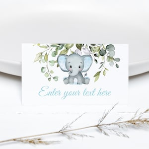 Éléphant modifiable, tente, verdure, éléphant, bleu, nourriture, étiquettes, garçon, éléphant, baby shower, marque-place, 0102