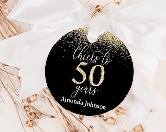 EDITABLE Cheers to 50 Years Favor Tag Black & Gold Glitter Favor Tag 50th Birthday Favor Tag Cheers to 50 Years Sticker Anniversary Tag 0171