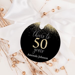 EDITABLE Cheers to 50 Years Favor Tag Black & Gold Glitter Favor Tag 50th Birthday Favor Tag Cheers to 50 Years Sticker Anniversary Tag 0171