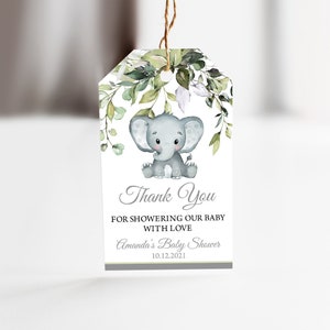 EDITABLE Elephant Baby Shower Favor Tag Printable Greenery Foliage Favor Tags Elephant Custom Tags Eucalyptus Favor Tag Gender Neutral 0102