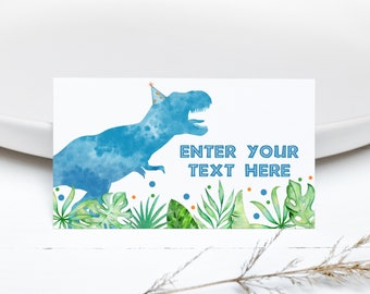 Może przedstawiać: Niebieski dinozaur w akwareli z czapką urodzinową, zielonymi liśćmi i konfetti. Tekst "ENTER YOUR TEXT HERE" jest wydrukowany na kartce.