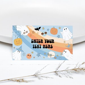 EDITÁVEL Assustador Halloween Fantasma Cartões de Comida de Aniversário Retro Groovy Ghost Food Label Hippie Halloween Party Tenda Cartão Groovy Halloween 0177