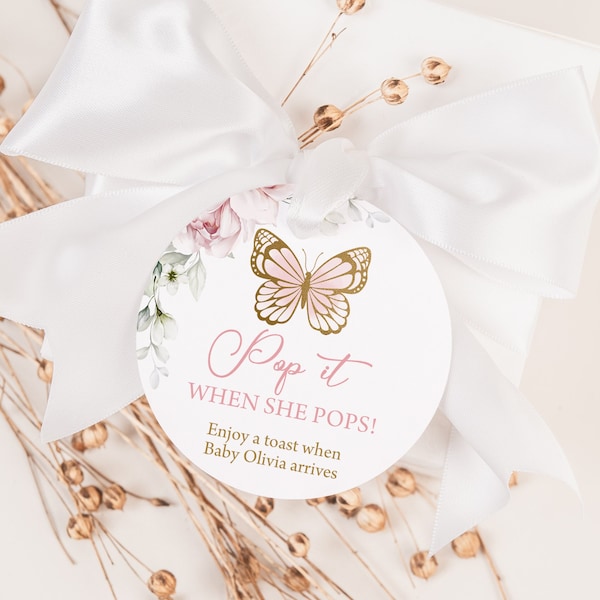 EDITIERBARE Schmetterling Pop It When She Pops Mini Champagne Favor Tag Floral Pink & Gold Schmetterling Baby Shower Champagne Tag Mini Wine Tag 0162