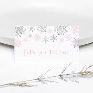 EDITABLE Pink Snowflakes Tent Card Winter Wonderland Food Labels Christmas Place Cards Holiday Table Card Winter Snowflake Buffet Label 0187