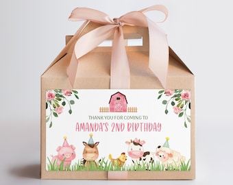 EDITABLE Farm Gable Box Favor Labels Farm Animals Party Favor Pink Farm Gable Gift Box Labels Barnyard Box Labels Birthday Favor Box 0106