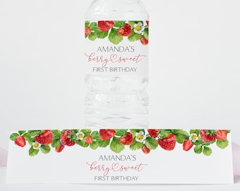 Etichetta bottiglia fragola modificabile Etichette acqua dolce compleanno bacca Modello stampabile etichetta bottiglia bacca Festa di compleanno fragola 0172