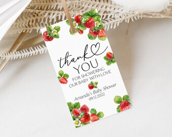 Éditable Fraise Baby Shower Favor Tag Berry Sweet Merci Tags Fraise Étiquettes personnalisées Fraise Baby Shower Favors 0172