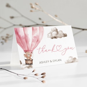 Urso editável balão de ar quente obrigado cartão dobrado menina urso cartão de agradecimento rosa urso chá de bebê cartão de agradecimento 0223