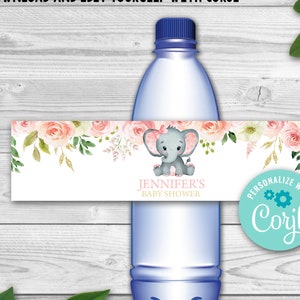 EDITABLE Elephant Bottle Label for Girl Baby Shower. Elephantl Baby Shower Bottle Label Printable. Pink Elephantl Baby Shower Template 0167