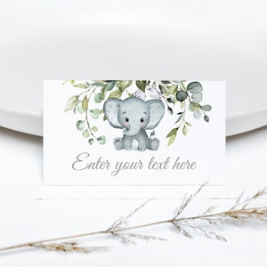 EDITIERBARE Elefantenzeltkarte Greenery Laub grauer Elefant Food Tags Gender Neutral Elefant Babyparty Tischkarten 0102
