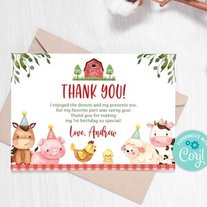 Editable Farm Thank You Card, Red Farm Birthday Party Thank You, Farm ...