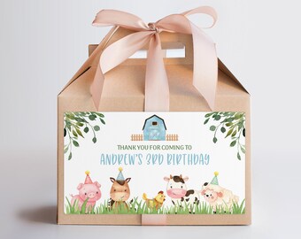 Étiquettes modifiables pour boîtes à cadeaux d'anniversaire sur le thème des animaux de la ferme (Téléchargement numérique)