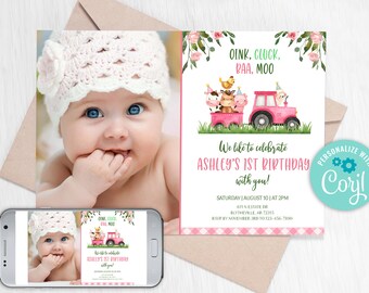 Pink Farm Birthday Invitation, Barnyard Animals (Editable Template)