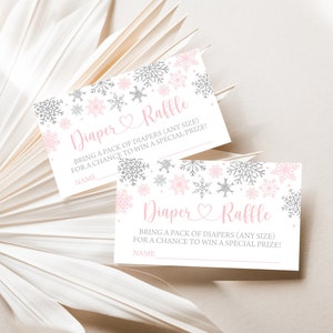 Bearbeitbare Winter Schneeflocken Baby Shower Windel Tombola Ticket Mädchen Schneeflocke Windel Tombola Karte Winter Wonderland Windel Anfrage Ticket 0187