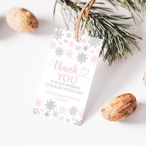 EDITABLE Pink Snowflake Baby Shower Favor Tag Little Snowflake Favor Tags Pink and Silver Snowflake Custom Tag Winter Wonderland Tag 0187
