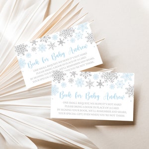 Editable Winter Snowflakes Baby Shower Book for Baby Card Boy Snowflake Baby Shower Book Request Cards Winter Wonderland Bring A Book 0188