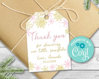 EDITABLE Snowflake Baby Shower Favor Tag, Little Snowflake Favor tags, Pink and gold snowflake custom tags, Winter wonderland Template 0103