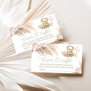 Editable Pampas Grass Bear Baby Shower Boleto de rifa de pañales Boho Podemos esperar con paciencia Tarjeta de rifa de pañales Boho Bear Boleto de solicitud de pañal 0195