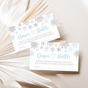 Billet de tombola de couche de douche de bébé de flocons de neige d'hiver modifiable Carte de tombola de couche de flocon de neige de garçon Winter Wonderland Diaper Request Ticket 0188