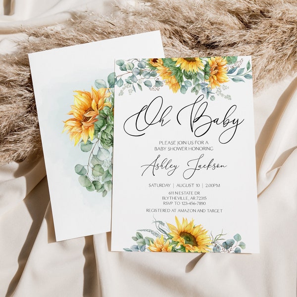 EDITABLE Sunflower Baby Shower Invitation Watercolor Sunflowers Invitation Sunflower Shower Invitation Rustic Baby Shower Invitation 0173