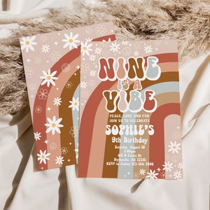 Editable Nine Is A Vibe Groovy Birthday Invitation Daisy Hippie 70&#39;s Retro 9th Birthday Invitation Groovy Rainbow Party Invitation 0170