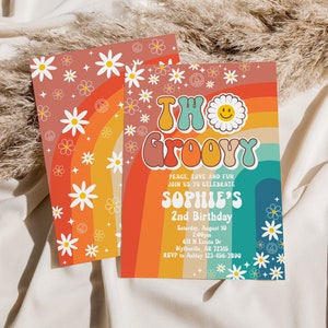 Editable Two Groovy Birthday Party Invitation Daisy Hippie 70&#39;s Retro 2nd Birthday Invitation Groovy Rainbow Party Invitation 0170