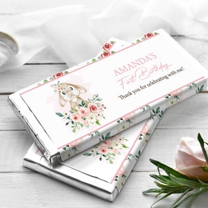 EDITABLE Bunny Chocolate Bar Wrapper Pink Floral Bunny Birthday Candy Bar Wrapper Girl Bunny Candy Bar Wrapper Bunny Birthday Decor 0146