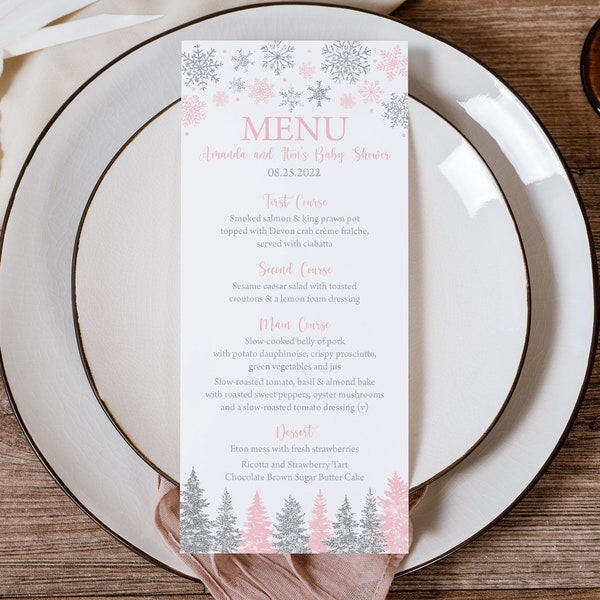 EDITABLE Pink Snowflake Baby Shower MENU Little Snowflake Dinner Brunch Template Pink and Silver Snowflake Baby Shower Menu 0187