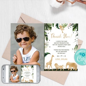 Tarjeta de agradecimiento de animales SALVAJES de oro EDITABLE, Tarjeta de agradecimiento de cumpleaños de la selva, Tarjeta de agradecimiento de Safari, Animales de fiesta León Jirafa Elefante, 0101