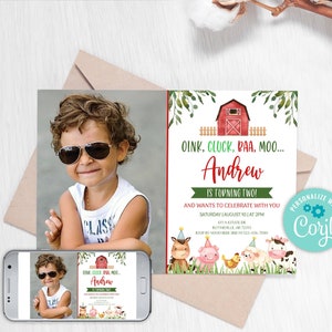 Editable Farm Birthday Invitation. Red Farm Animals Birthday Invite, Boy Barnyard Birthday, Gender Neutral Farm Invitations 0106