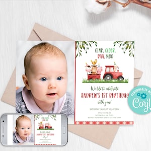 Editable Farm Birthday Invitation. Red Farm Animals Birthday Invite, Boy Barnyard Birthday, Farm Tractor Invitate 0106