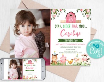 Editable Farm Birthday Invitation. Pink Farm Animals Birthday Invite, Girl Barnyard Birthday, Pink Farm Invitations 0106