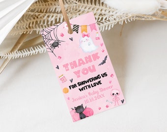 May include: Pink thank you tag with a ghost, spider, and skeleton. The text reads "Thank You for showering us with love Jessica's Baby Shower 10.18.20XX"