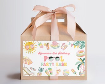 EDITABLE Pool Party Gable Box Favor Etiquetas Chica Verano Fiesta Gable Caja de Regalo Etiquetas Tropical Splish Splash Girly Pool Party 0228