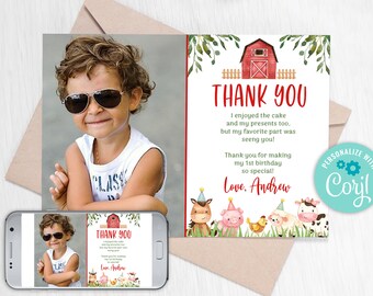 Editable Farm Thank You Card, Red Farm Birthday Party Thank You, Farm Animals Thank You Card, Boy Farm Birthday Party 0106