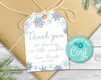 EDITABLE Snowflake Baby Shower Favor Tag, Little Snowflake Favor tags, Blue and silver snowflake custom tags Winter wonderland Template 0103