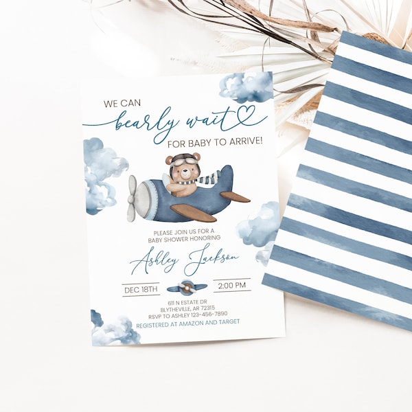 Editable Airplane Bear Baby Shower Invitation Bear on a Plane We Can Bearly Wait Invitation Blue Airplane Fly High Aviator Baby Shower 0209