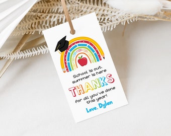 May include: A colorful rainbow with a graduation cap, pencils, and paper clips. The text says "School is out. Summer is here THANKS for all you've done this year! Love. Dylan"