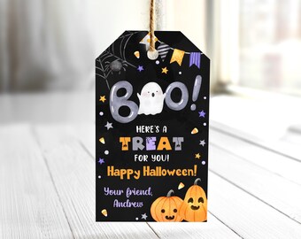 May include: A black Halloween gift tag with a watercolor design. The tag says "Boo! Here's a treat for you! Happy Halloween!" with a ghost, pumpkins, and stars. The tag is personalized with "Your friend, Andrew."