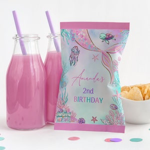 EDITABLE Mermaid Chip Bag Wrapper Labels Mermaid Chip Party Favors Under the Sea Mermaid Chip Bag Label Pink Mermaid Chip Bag Labels 0198