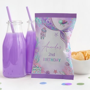 EDITABLE Mermaid Chip Bag Wrapper Labels Mermaid Chip Party Favors Under the Sea Mermaid Chip Bag Label Purple Mermaid Chip Bag Labels 0202
