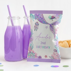 EDITABLE Mermaid Chip Bag Wrapper Labels Mermaid Chip Party Favors Under the Sea Mermaid Chip Bag Label Purple Mermaid Chip Bag Labels 0203