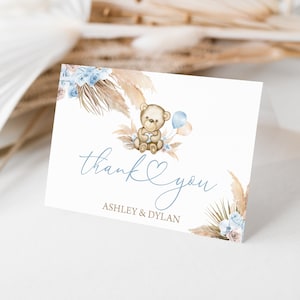 Carte pliée de remerciement modifiable Pampas Grass Bear Carte de remerciement Boho Bear We Can Bearly Wait Baby Shower Carte de remerciement 0197