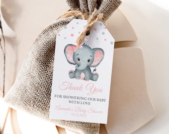 Girl Elephant Baby Shower Favor Tags, Editable Printable (Digital Download)